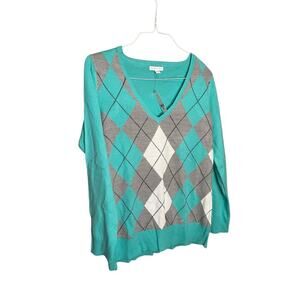 New York & Company V-Neck Sweater Argyle Pullover Acrylic Teal Grey Size L NWT